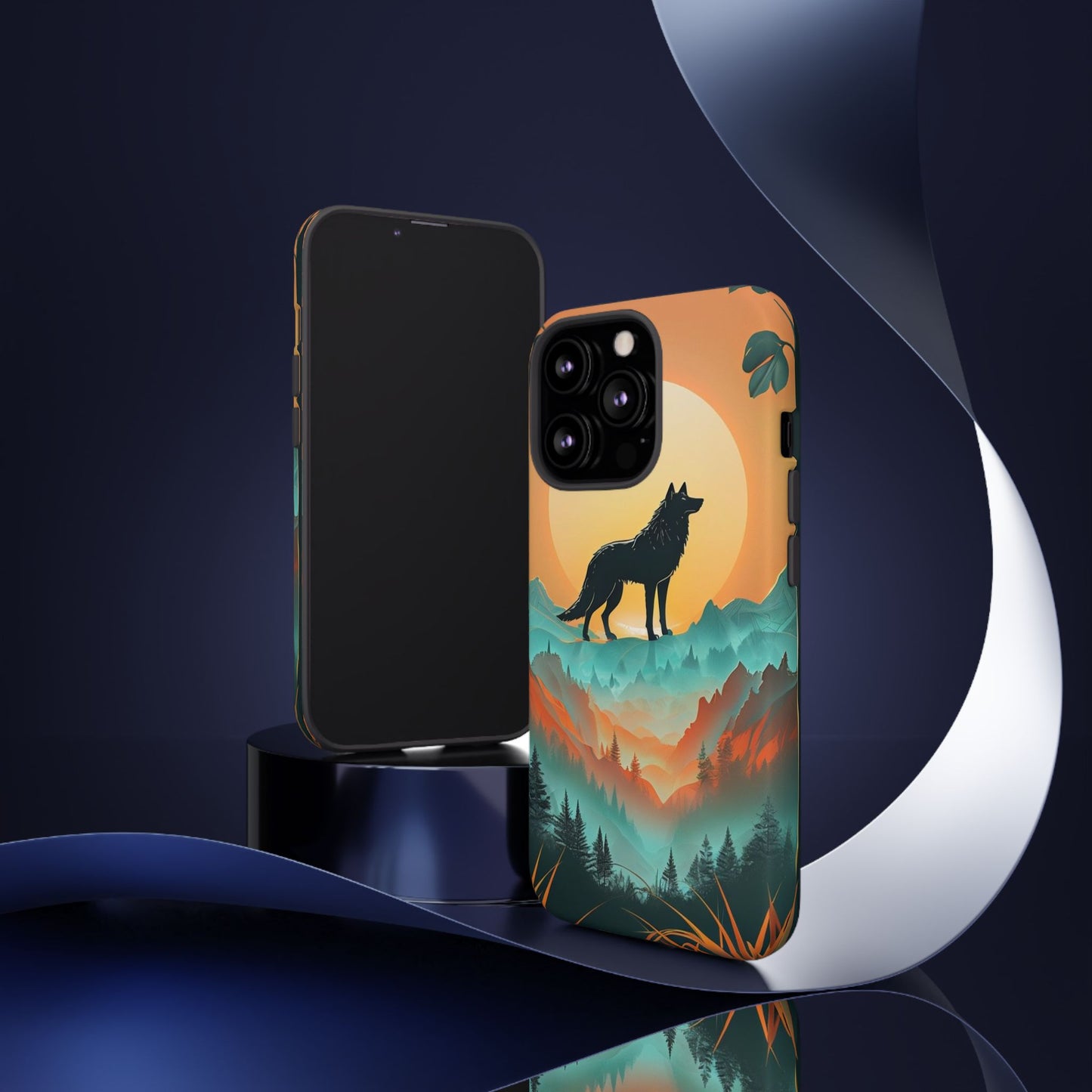 Phone Case Sunset Wolf Silhouette & Tropical Landscape – Artistic Protection