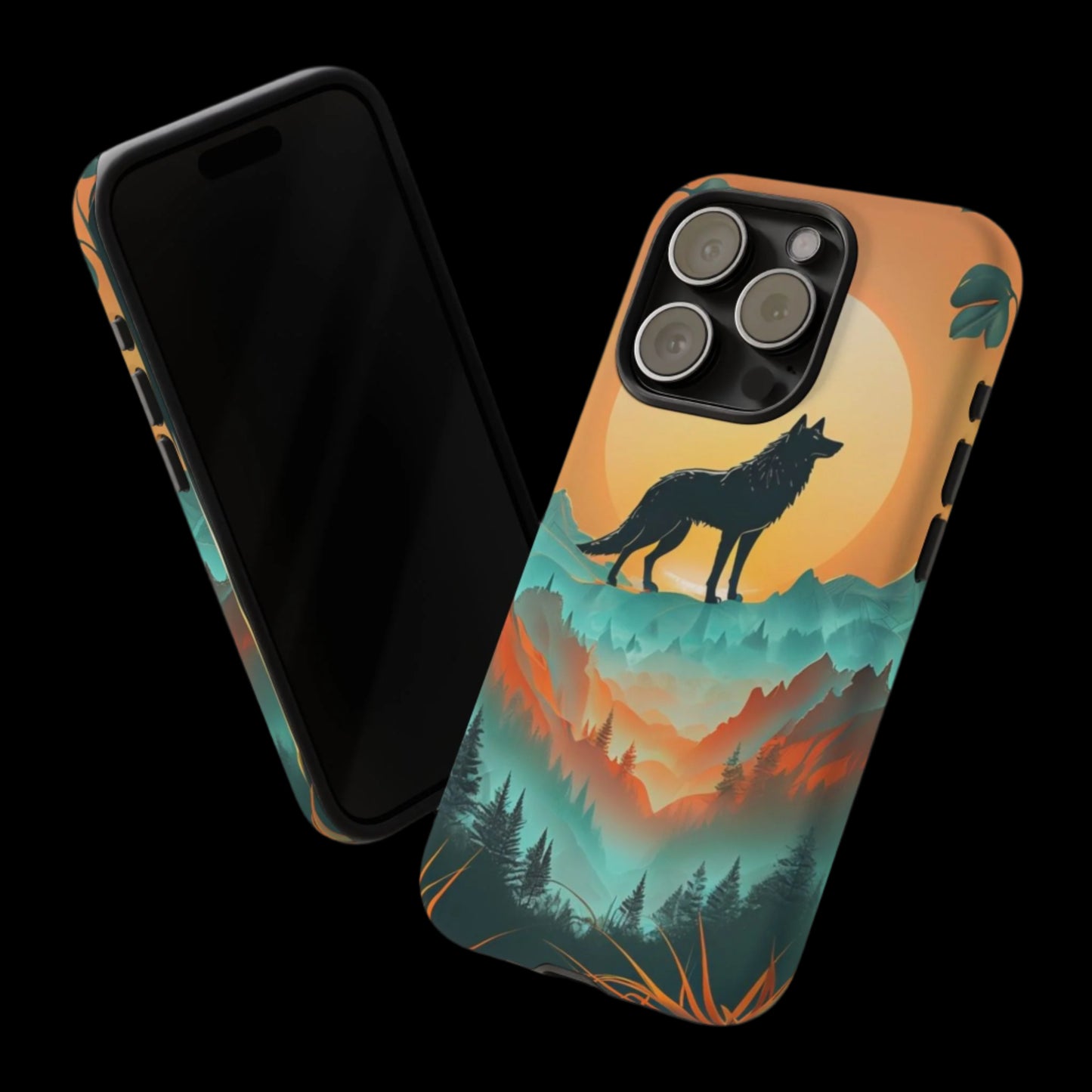 Phone Case Sunset Wolf Silhouette & Tropical Landscape – Artistic Protection