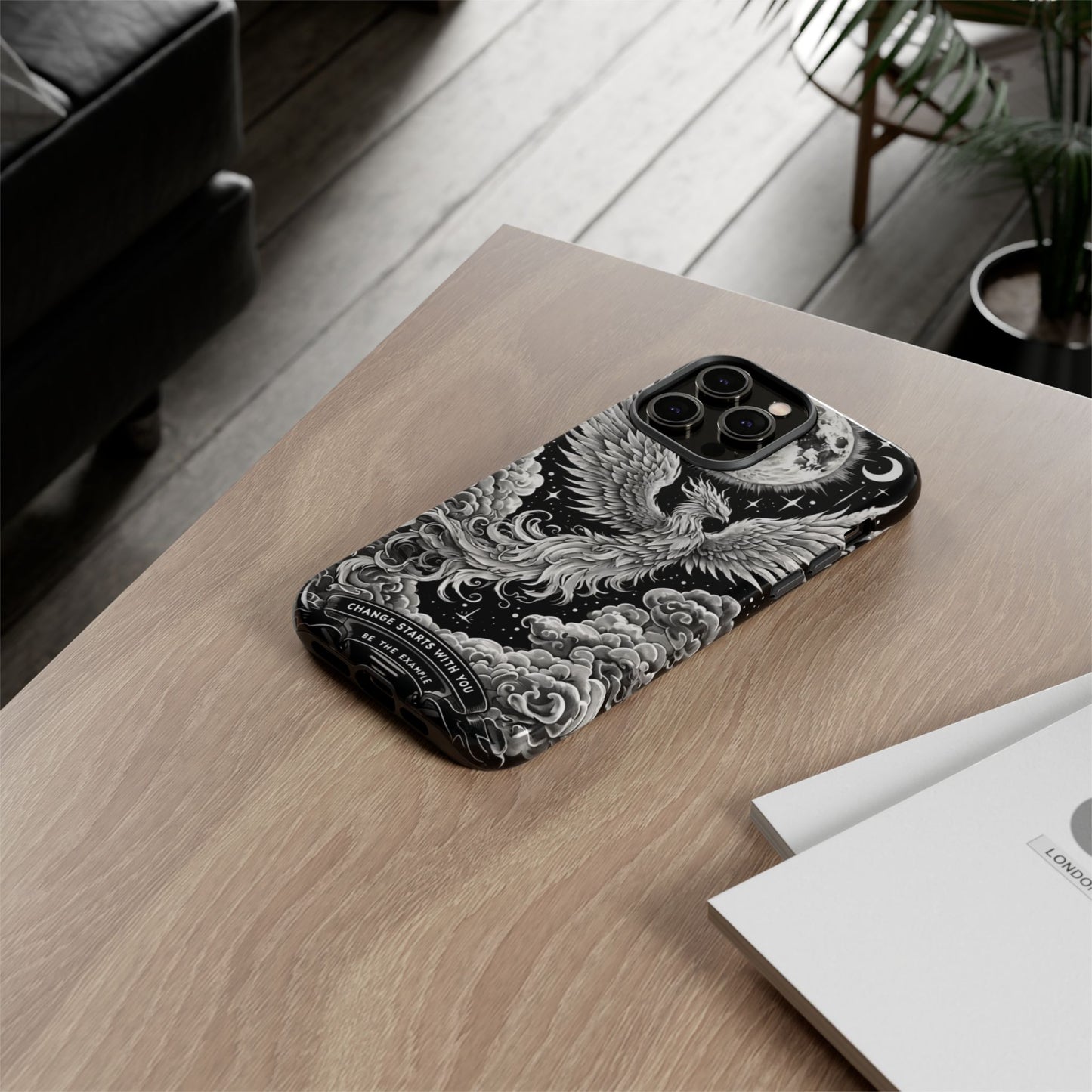 Phoenix Art iPhone Case – 'Change Starts With You' – Black & White Design