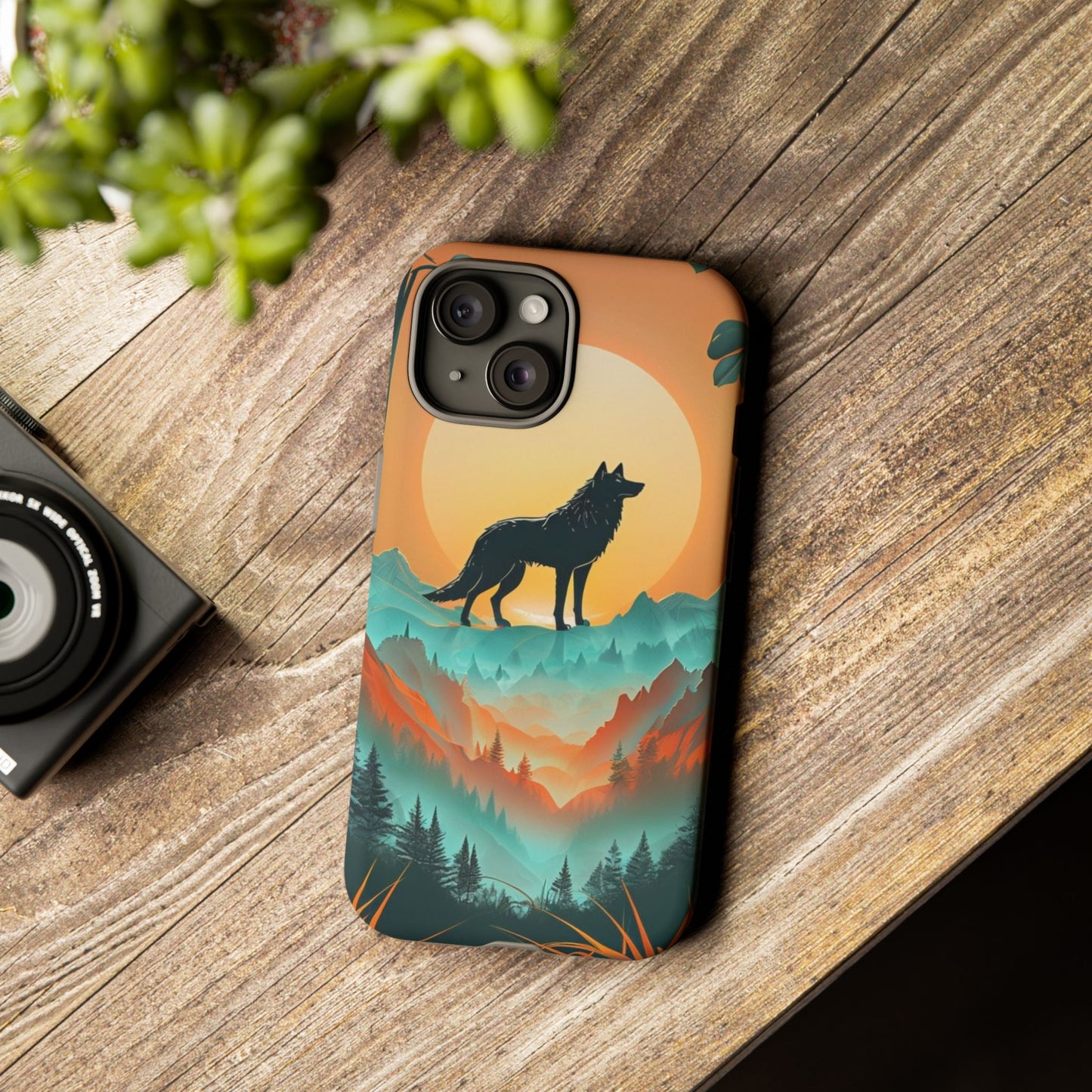 Phone Case Sunset Wolf Silhouette & Tropical Landscape – Artistic Protection