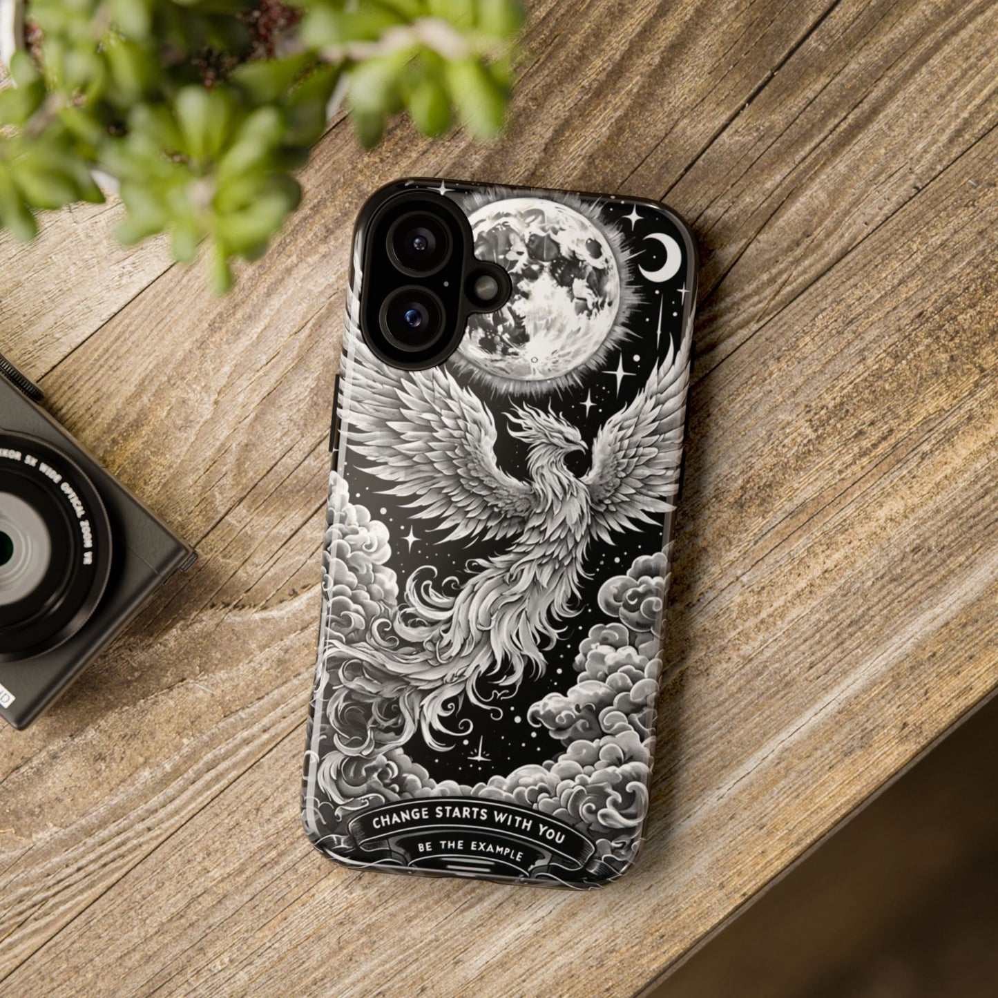 Phoenix Art iPhone Case – 'Change Starts With You' – Black & White Design