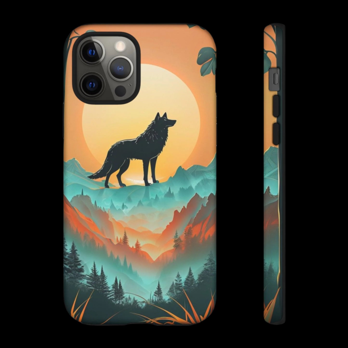 Phone Case Sunset Wolf Silhouette & Tropical Landscape – Artistic Protection