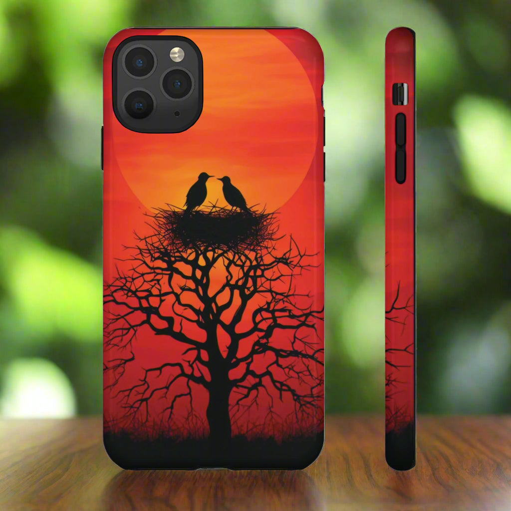 Phone Case Two Birds on a Nest - Red Sunset Background - Nature Wall Art - Romantic Bird Scene