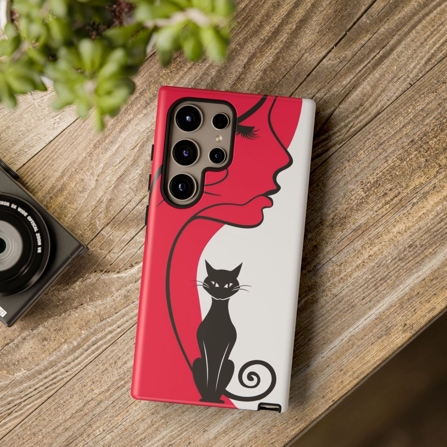 Phone Case with Artistic Woman & Black Cat Design – Stylish and Protective