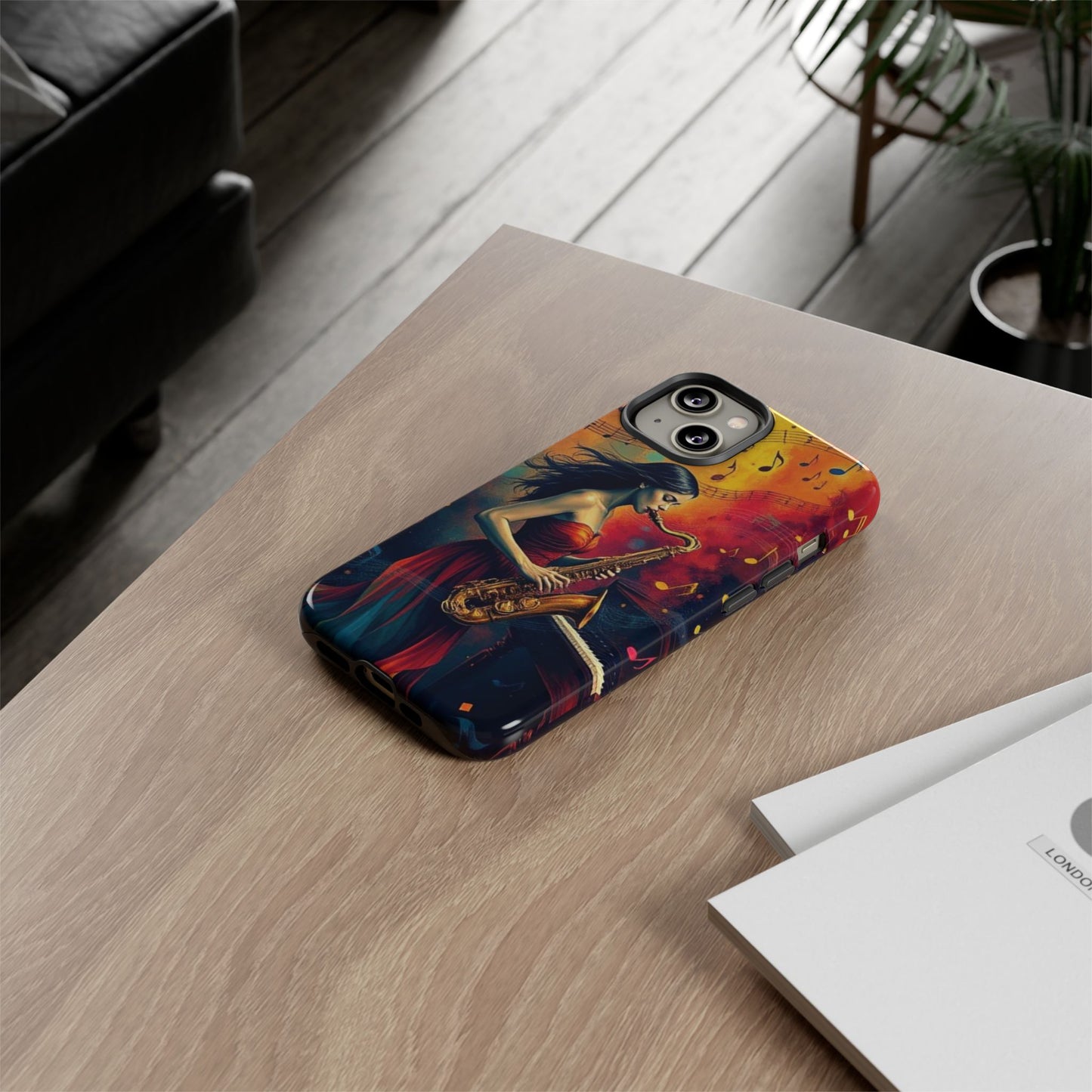 Phone Case Female Saxophonist – Elegant Jazz Illustration