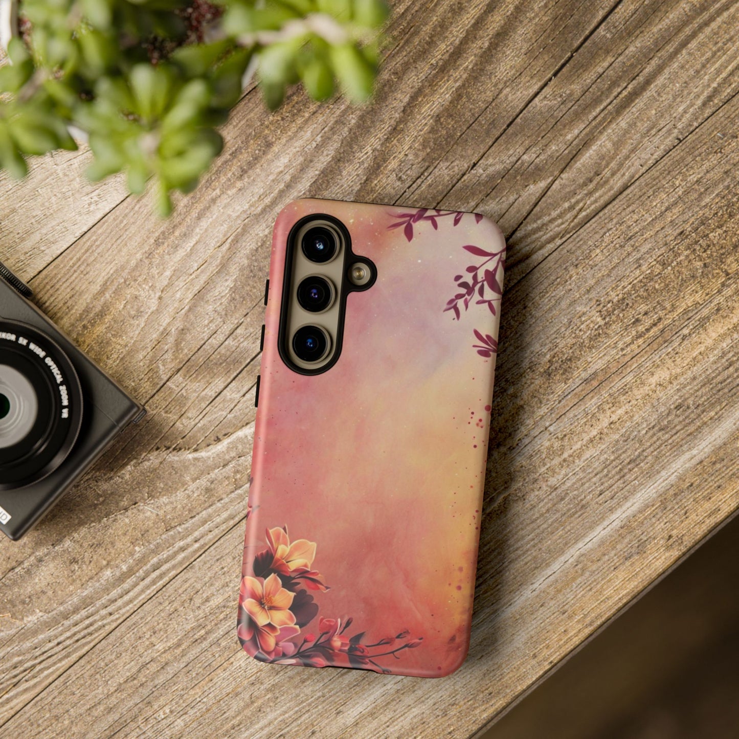 Watercolor Floral Phone Case - Pink Orange Gradient iPhone Cover - Botanical Art Protection