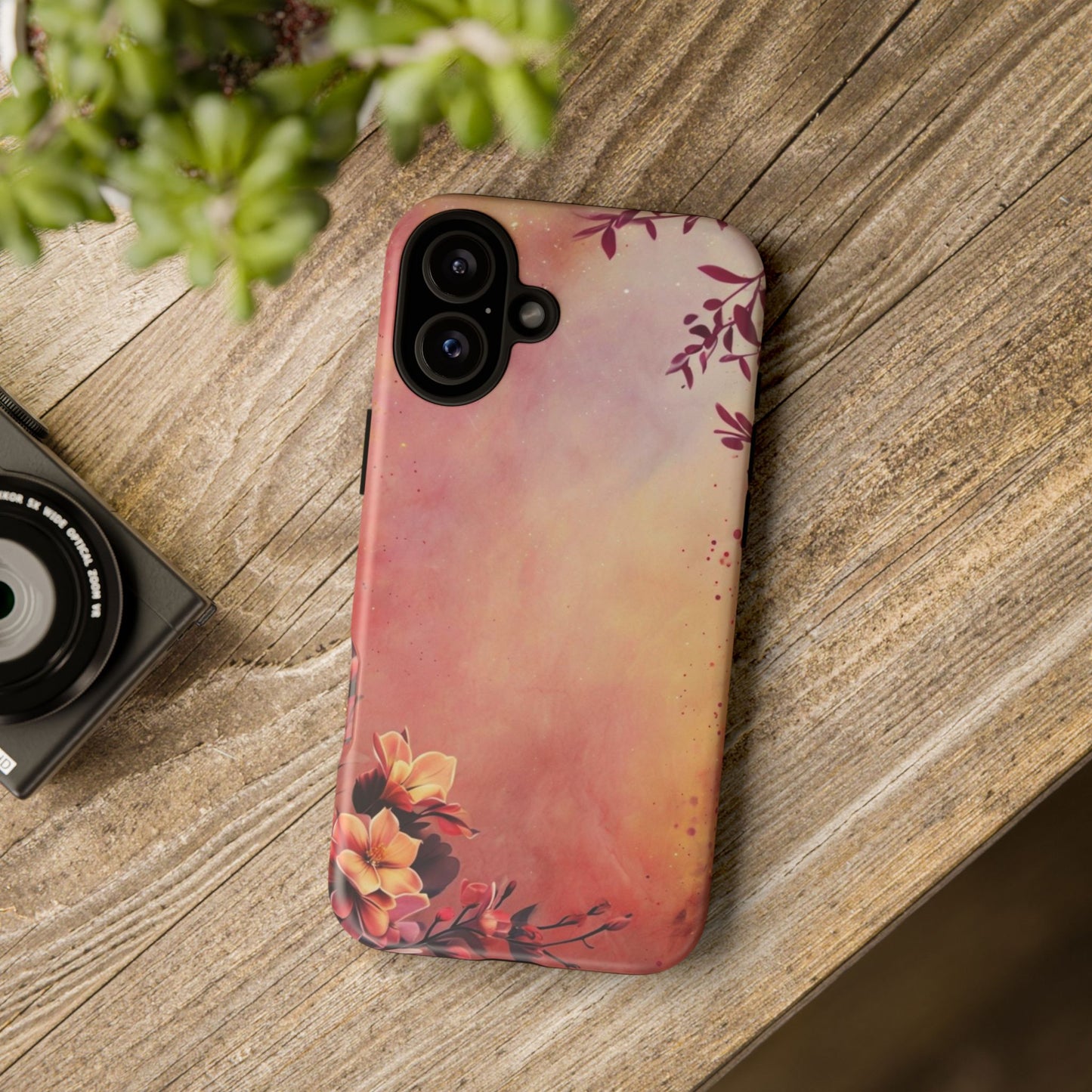 Watercolor Floral Phone Case - Pink Orange Gradient iPhone Cover - Botanical Art Protection