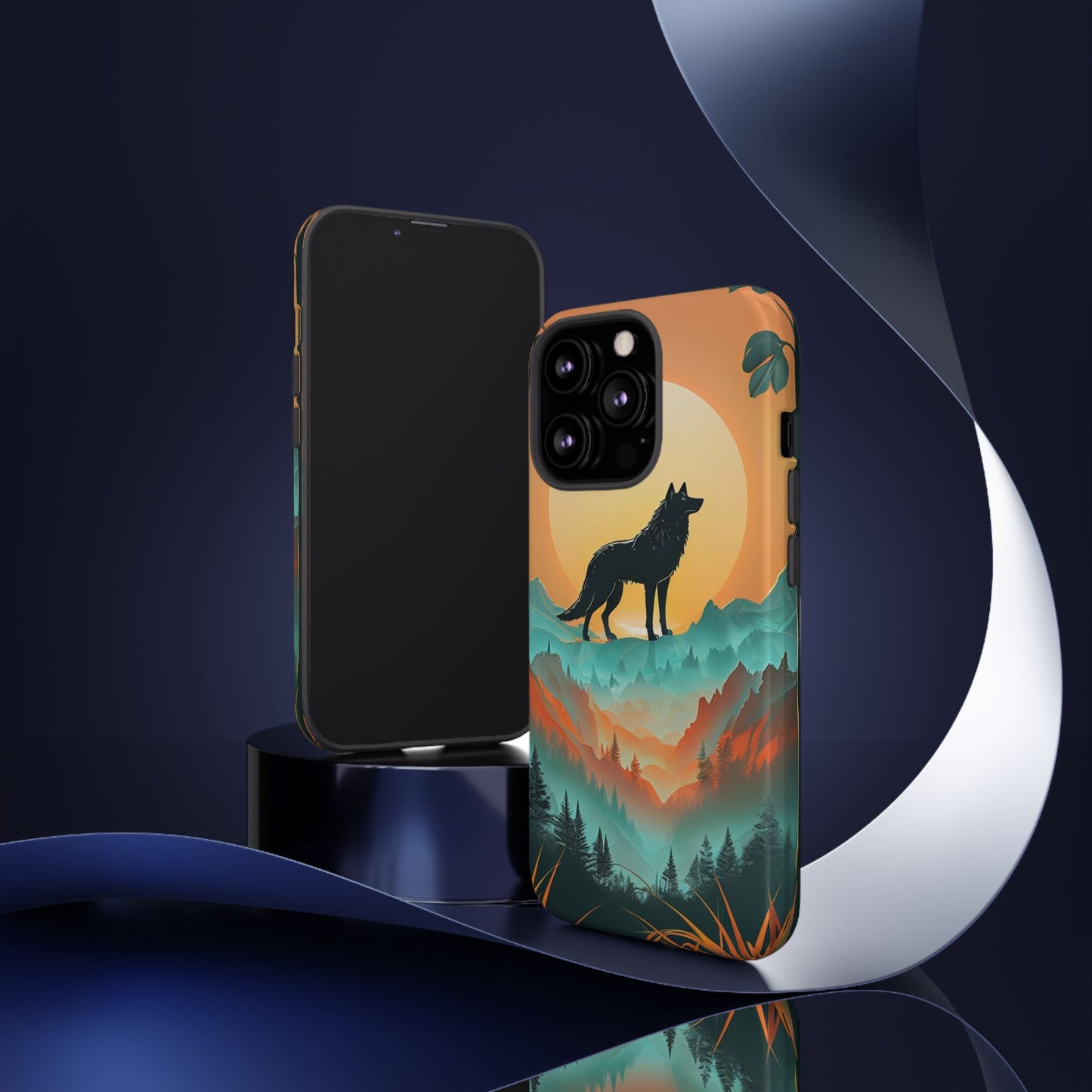 Phone Case Sunset Wolf Silhouette & Tropical Landscape – Artistic Protection