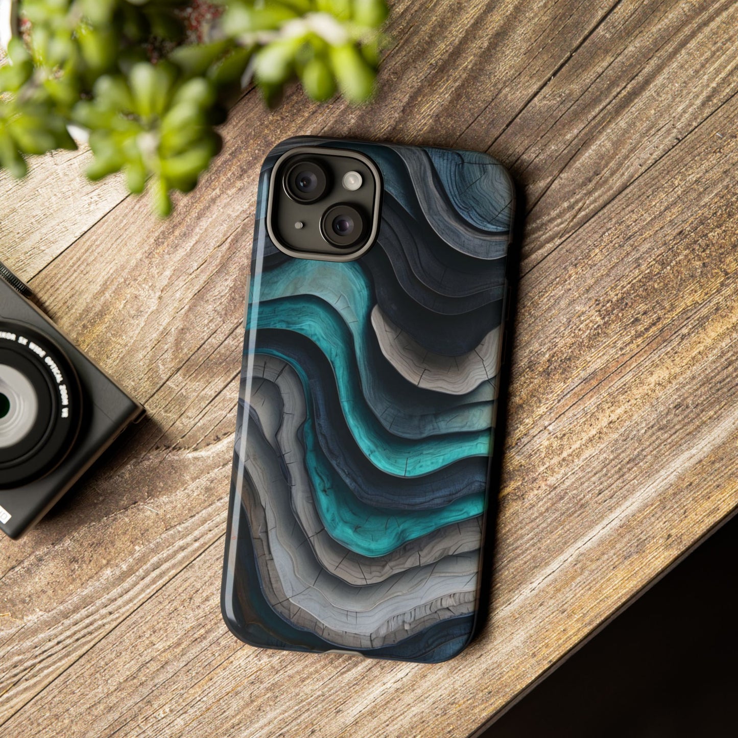 Phone Case Blue & Grey Woodgrain Wave – Artistic iPhone & Samsung Cover