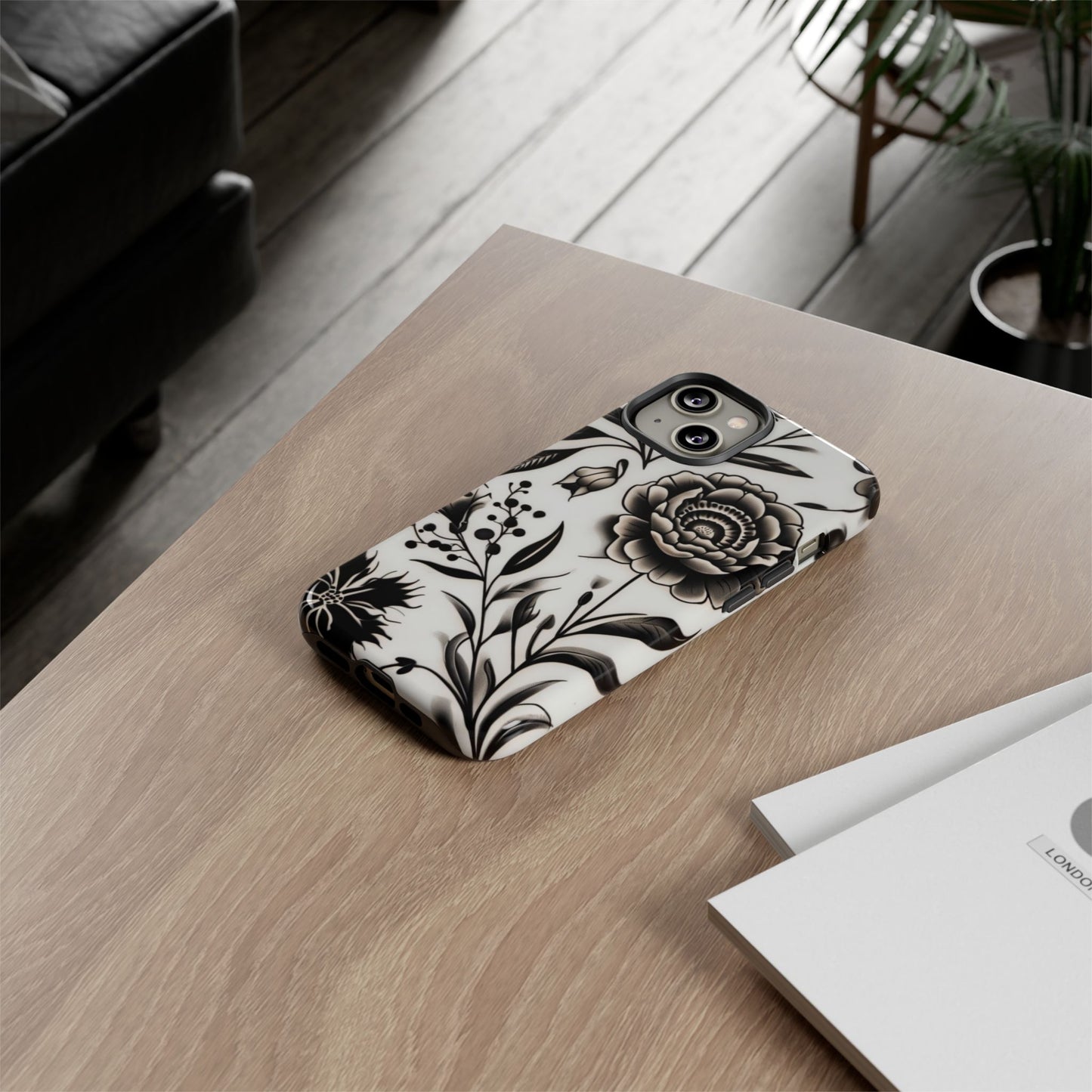 Phone Case Elegant Black and White Floral – Stylish Protection for iPhone 12/16 and Samsung 22/25