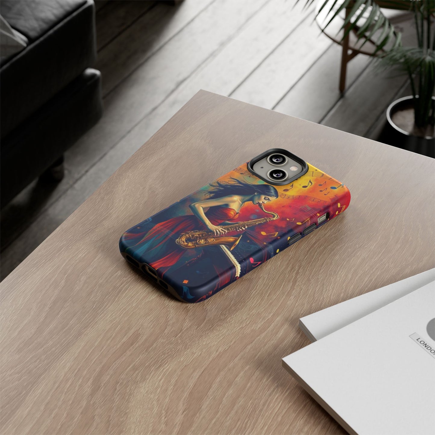 Phone Case Female Saxophonist – Elegant Jazz Illustration