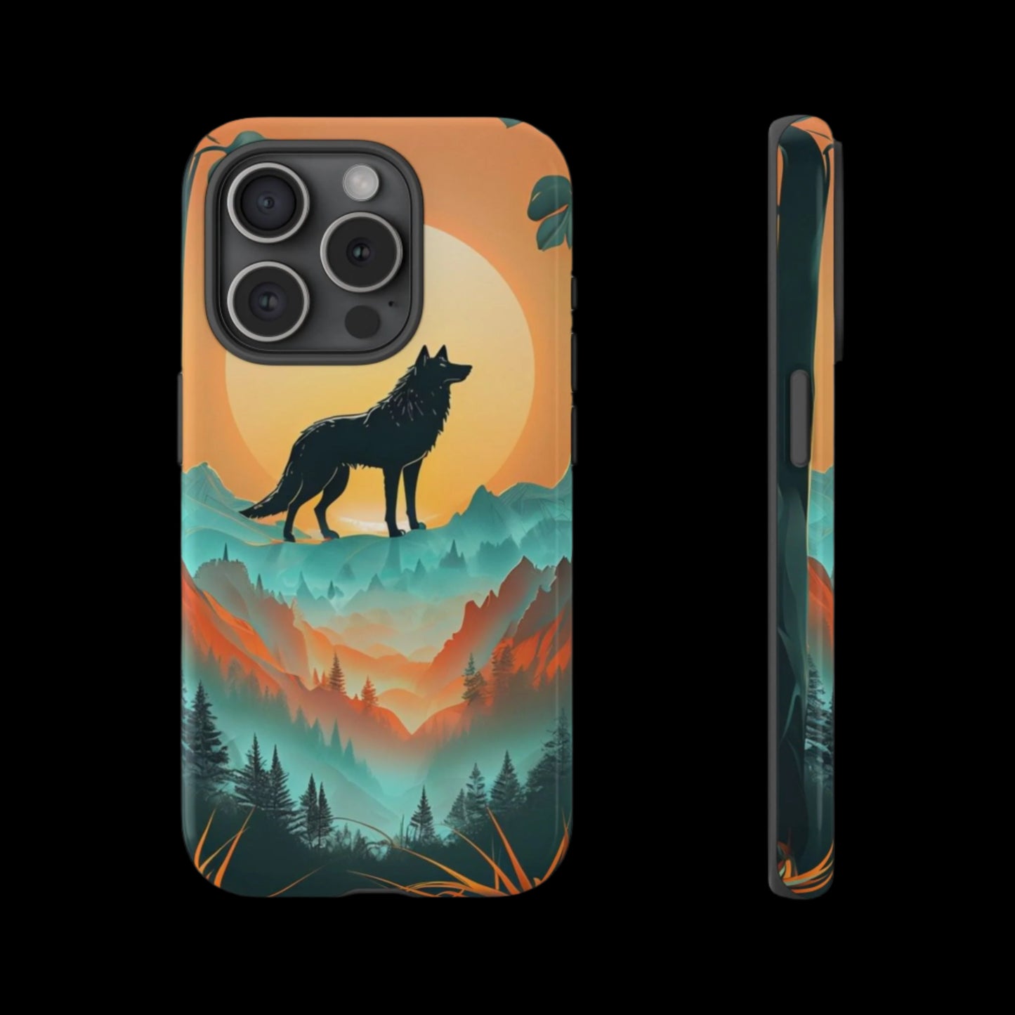 Phone Case Sunset Wolf Silhouette & Tropical Landscape – Artistic Protection
