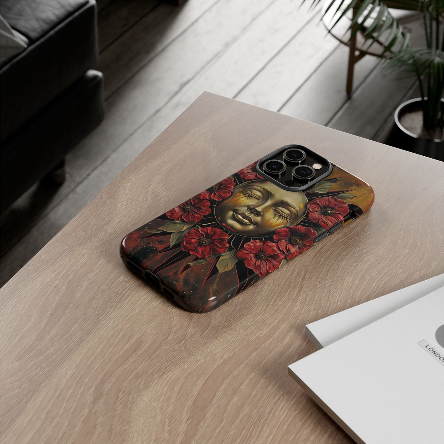 Phone Case Surreal Metallic Sun Face with Dark Red Flowers- Unique Modern Art Design