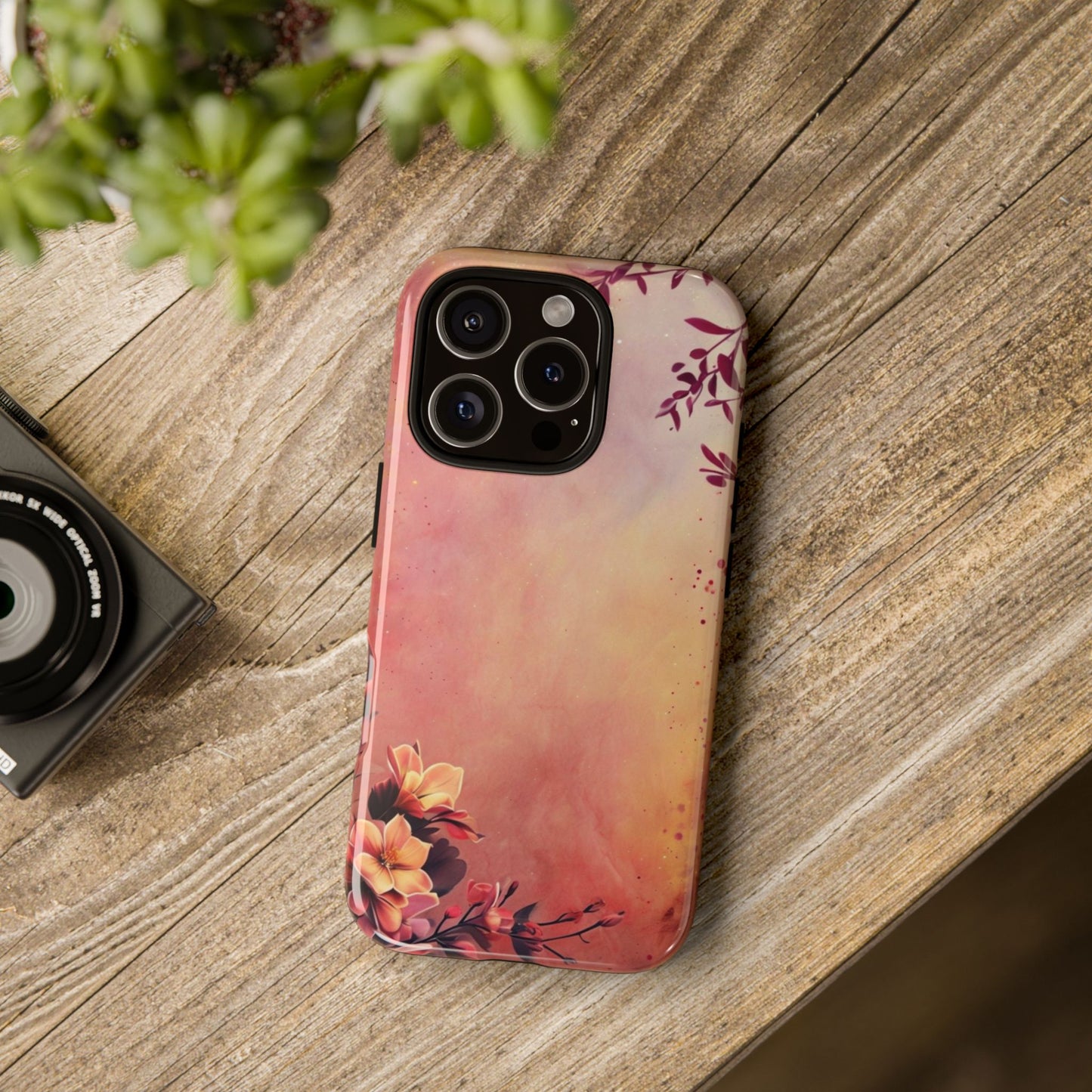 Watercolor Floral Phone Case - Pink Orange Gradient iPhone Cover - Botanical Art Protection