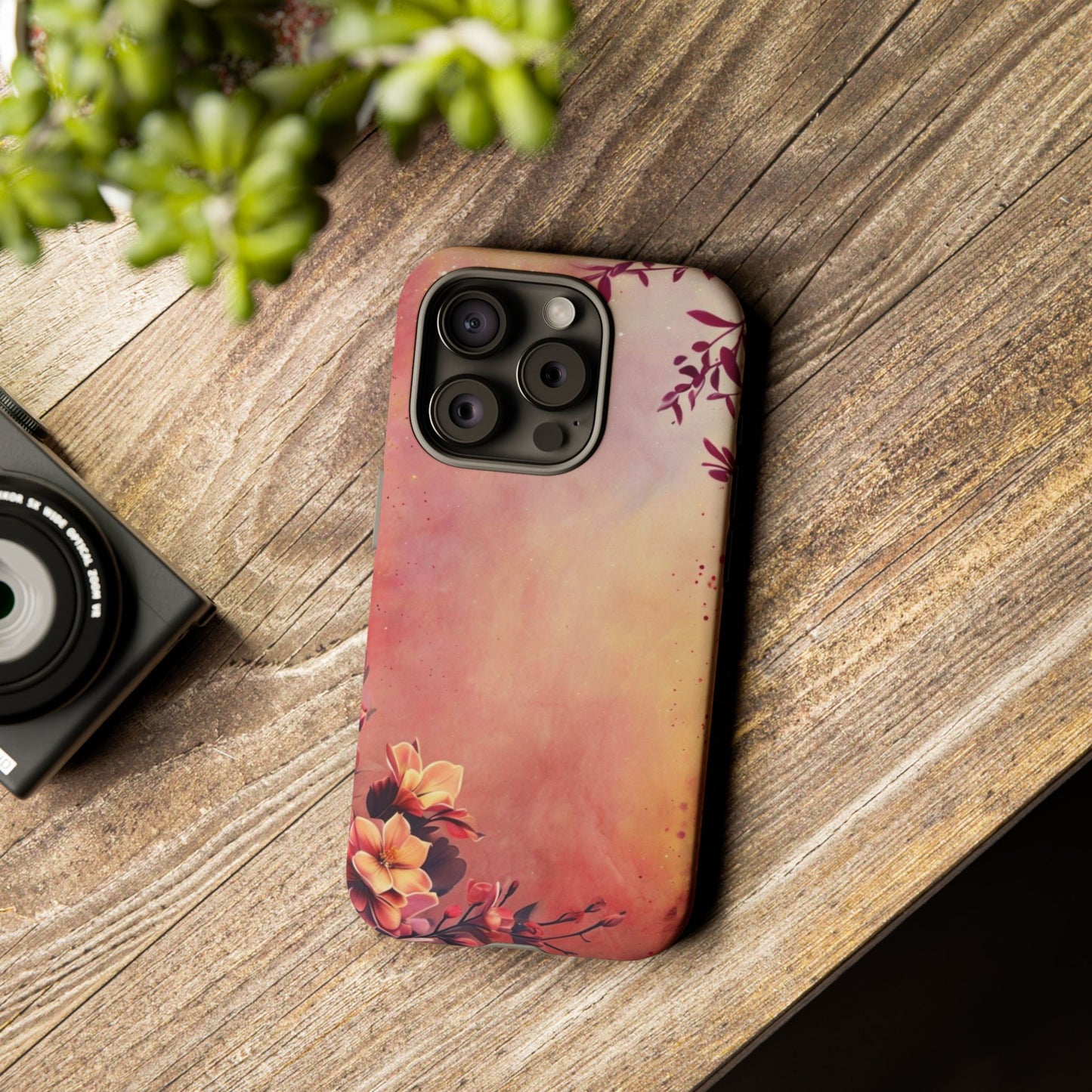 Watercolor Floral Phone Case - Pink Orange Gradient iPhone Cover - Botanical Art Protection