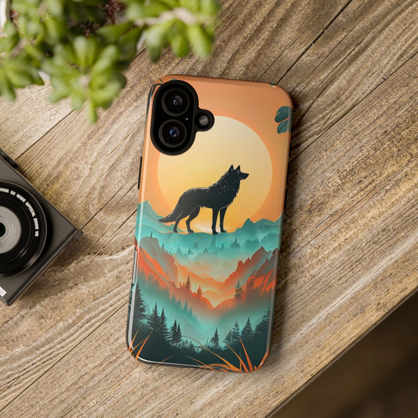 Phone Case Sunset Wolf Silhouette & Tropical Landscape – Artistic Protection