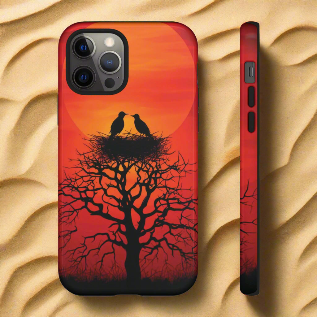Phone Case Two Birds on a Nest - Red Sunset Background - Nature Wall Art - Romantic Bird Scene