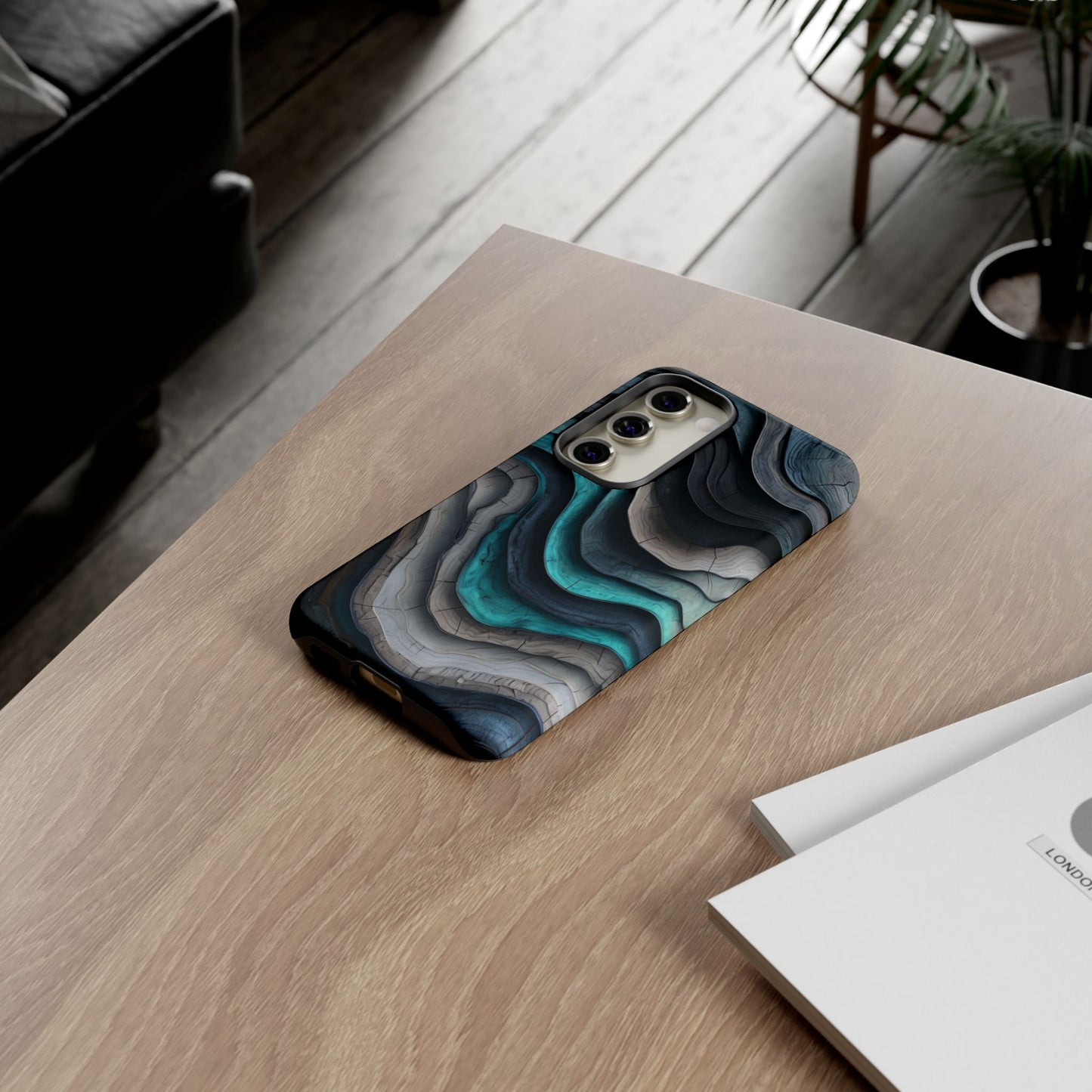 Phone Case Blue & Grey Woodgrain Wave – Artistic iPhone & Samsung Cover