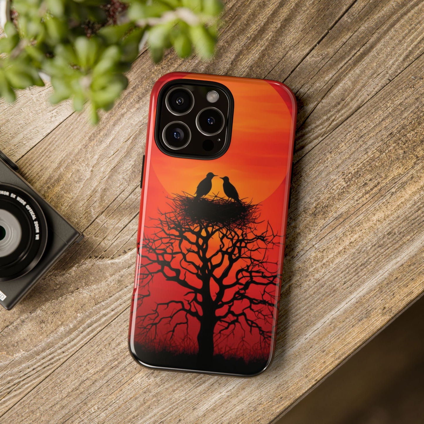 Phone Case Two Birds on a Nest - Red Sunset Background - Nature Wall Art - Romantic Bird Scene