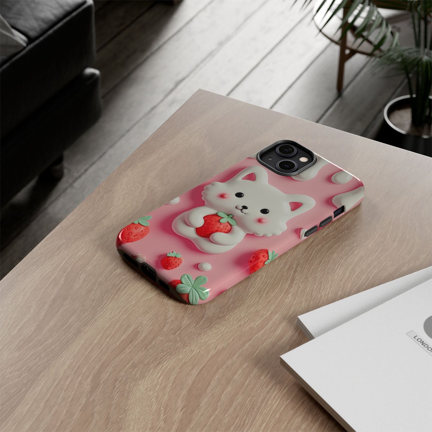 Adorable Cat Phone Case – Pink with Strawberry Design