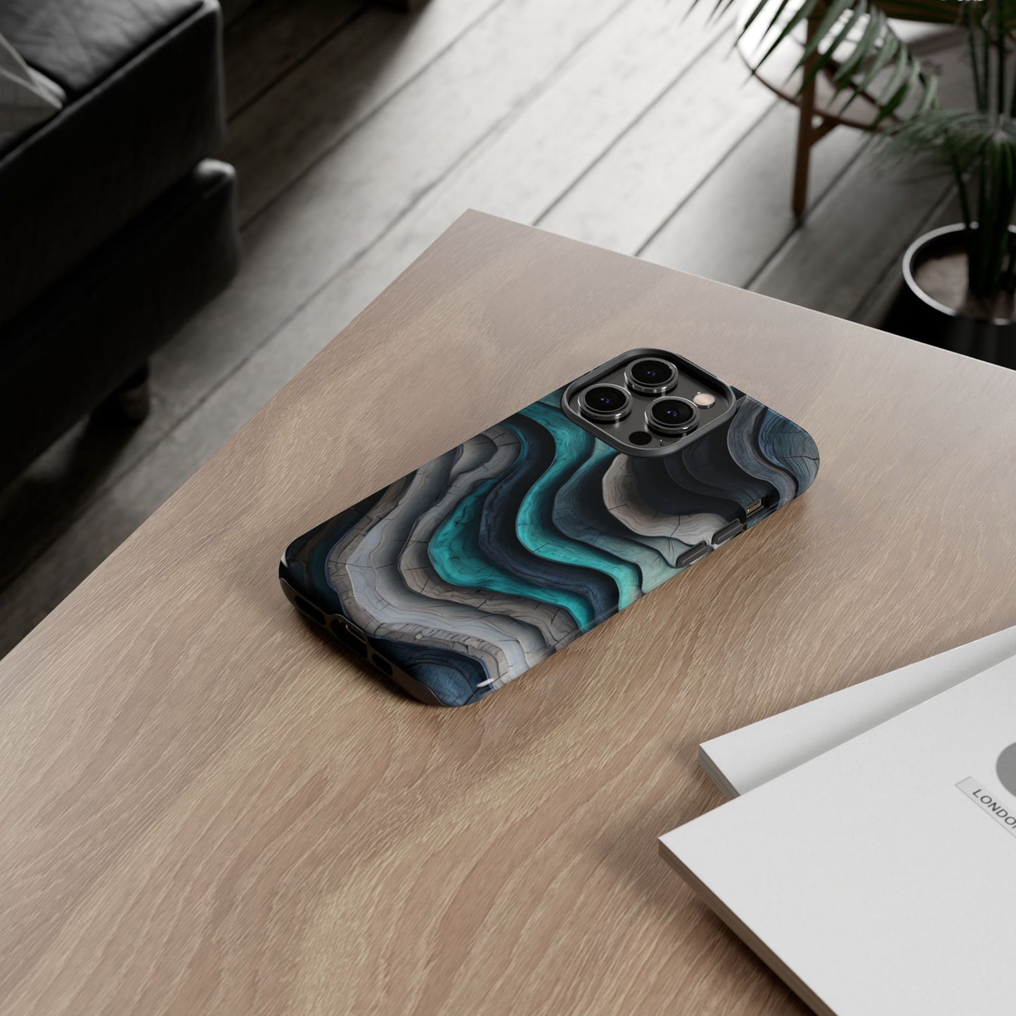 Phone Case Blue & Grey Woodgrain Wave – Artistic iPhone & Samsung Cover