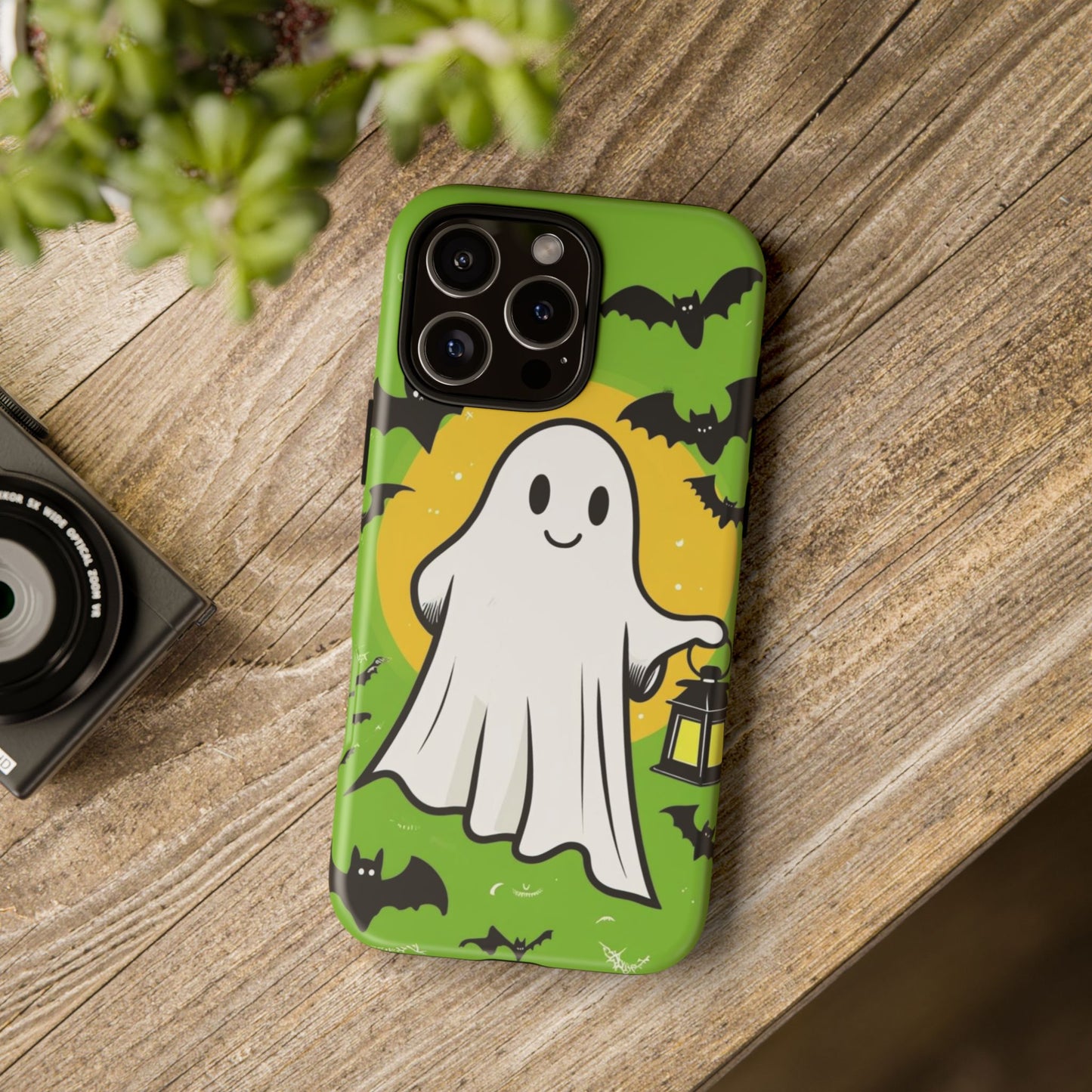 Cute Halloween Ghost Phone Case with Bats and Lantern – Perfect for Spooky Season