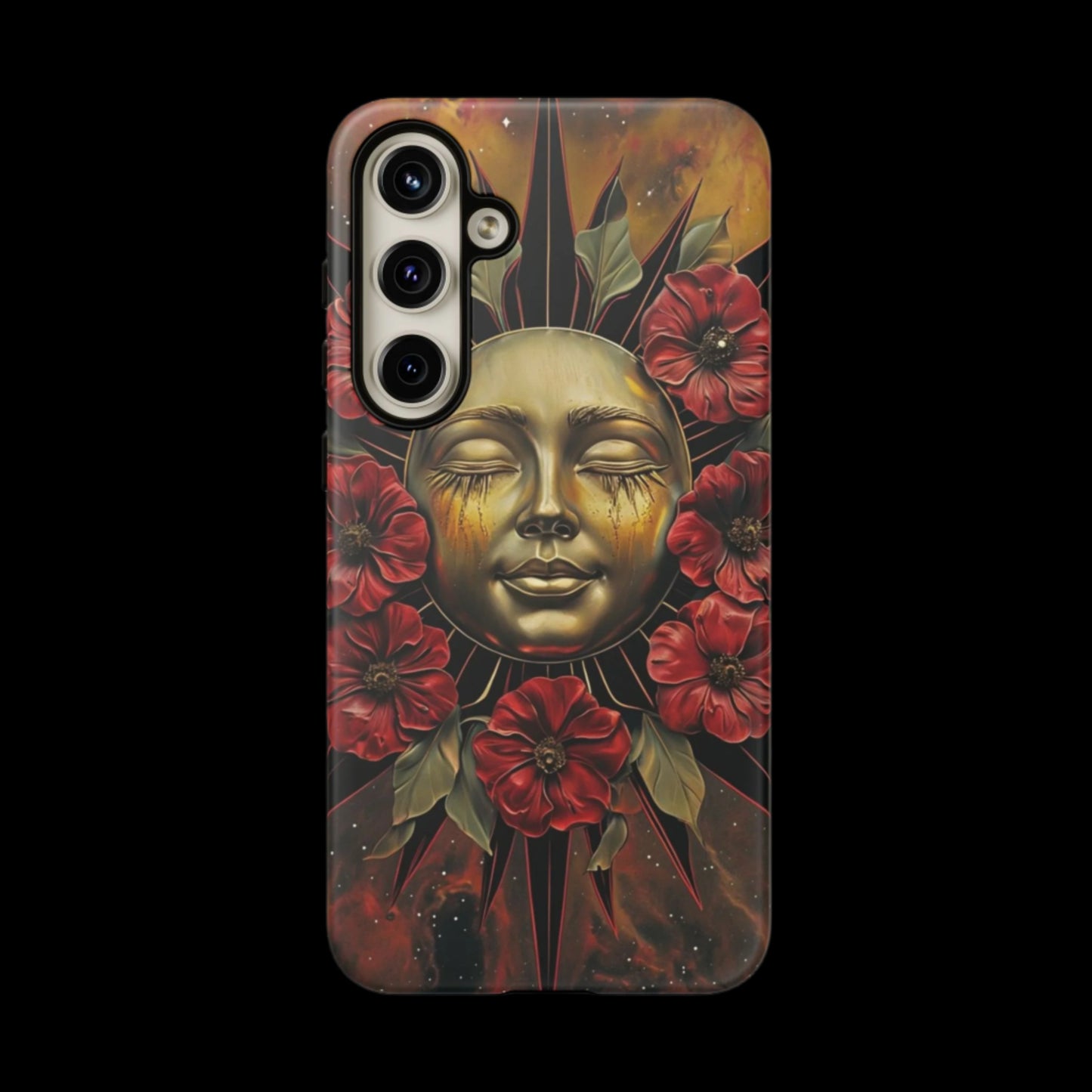 Phone Case Surreal Metallic Sun Face with Dark Red Flowers- Unique Modern Art Design