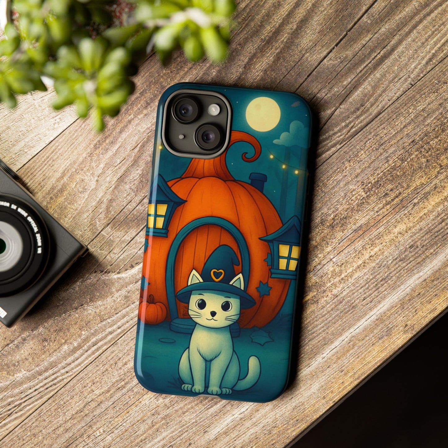 Spooky Halloween Cat Phone Case with Witch Hat and Pumpkin Design for iPhone and Android
