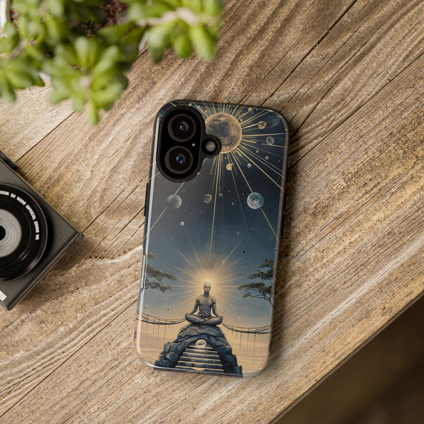 Phone Case Futuristic Meditating Figure in Cosmic Elements at Twilight – Sci-Fi Artwork