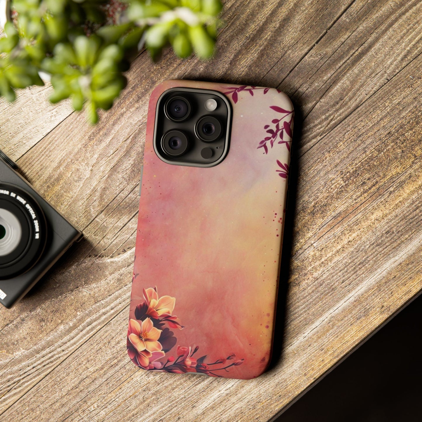 Watercolor Floral Phone Case - Pink Orange Gradient iPhone Cover - Botanical Art Protection