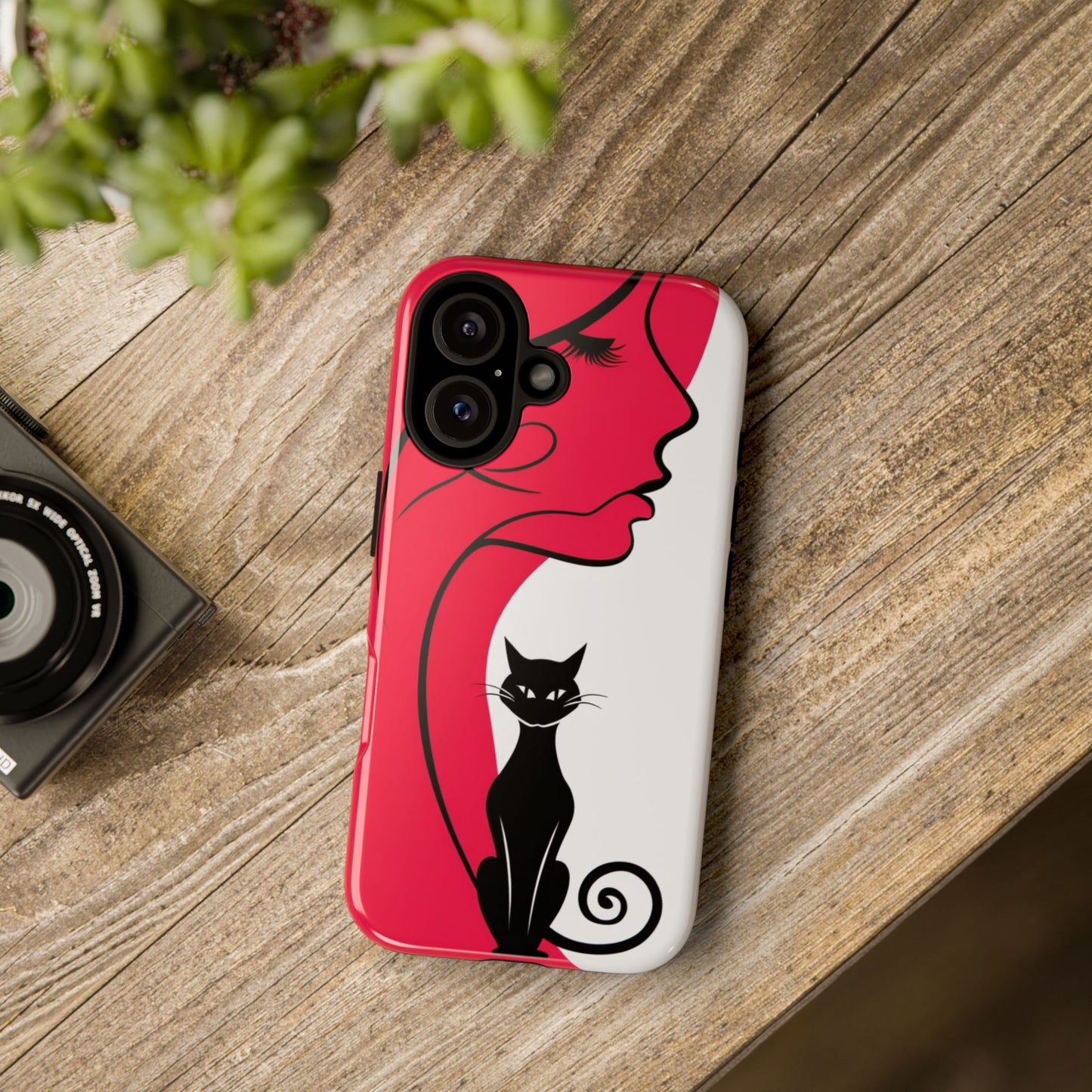 Phone Case with Artistic Woman & Black Cat Design – Stylish and Protective