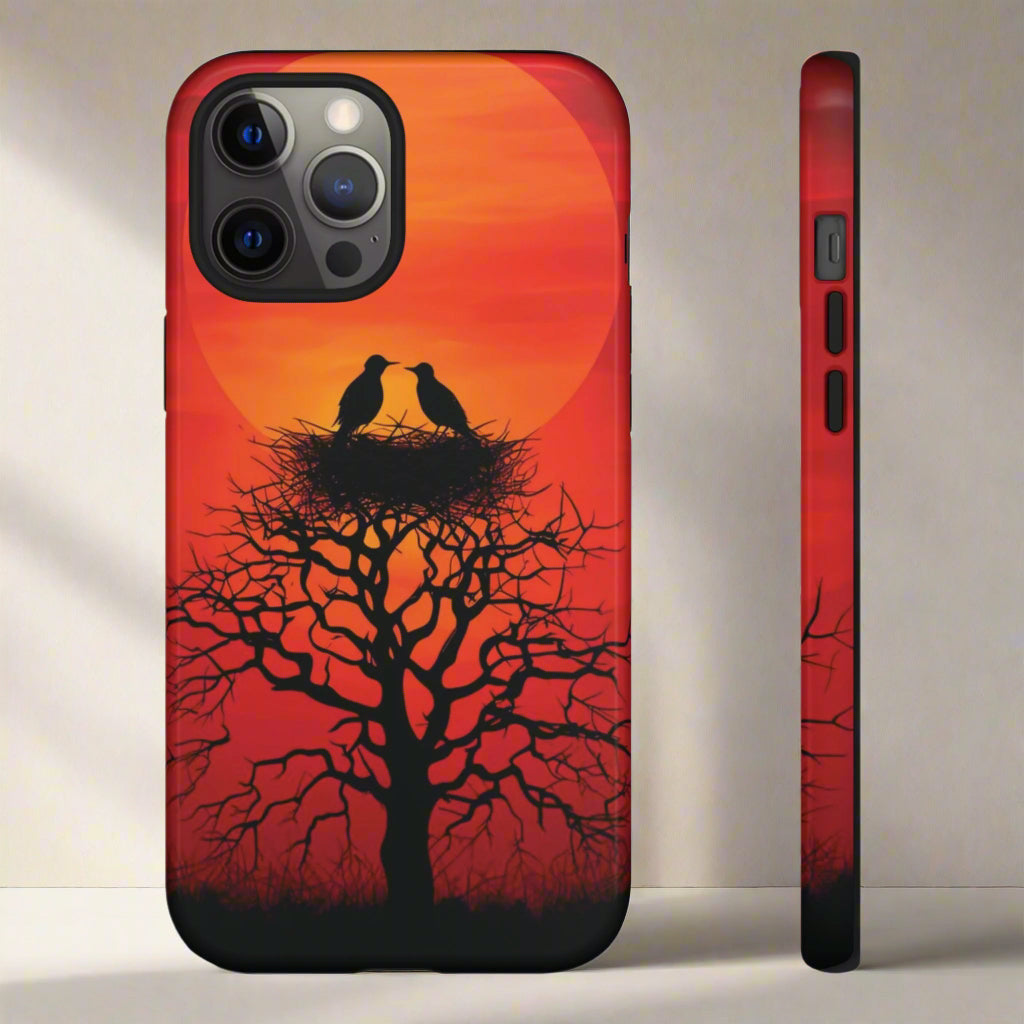 Phone Case Two Birds on a Nest - Red Sunset Background - Nature Wall Art - Romantic Bird Scene