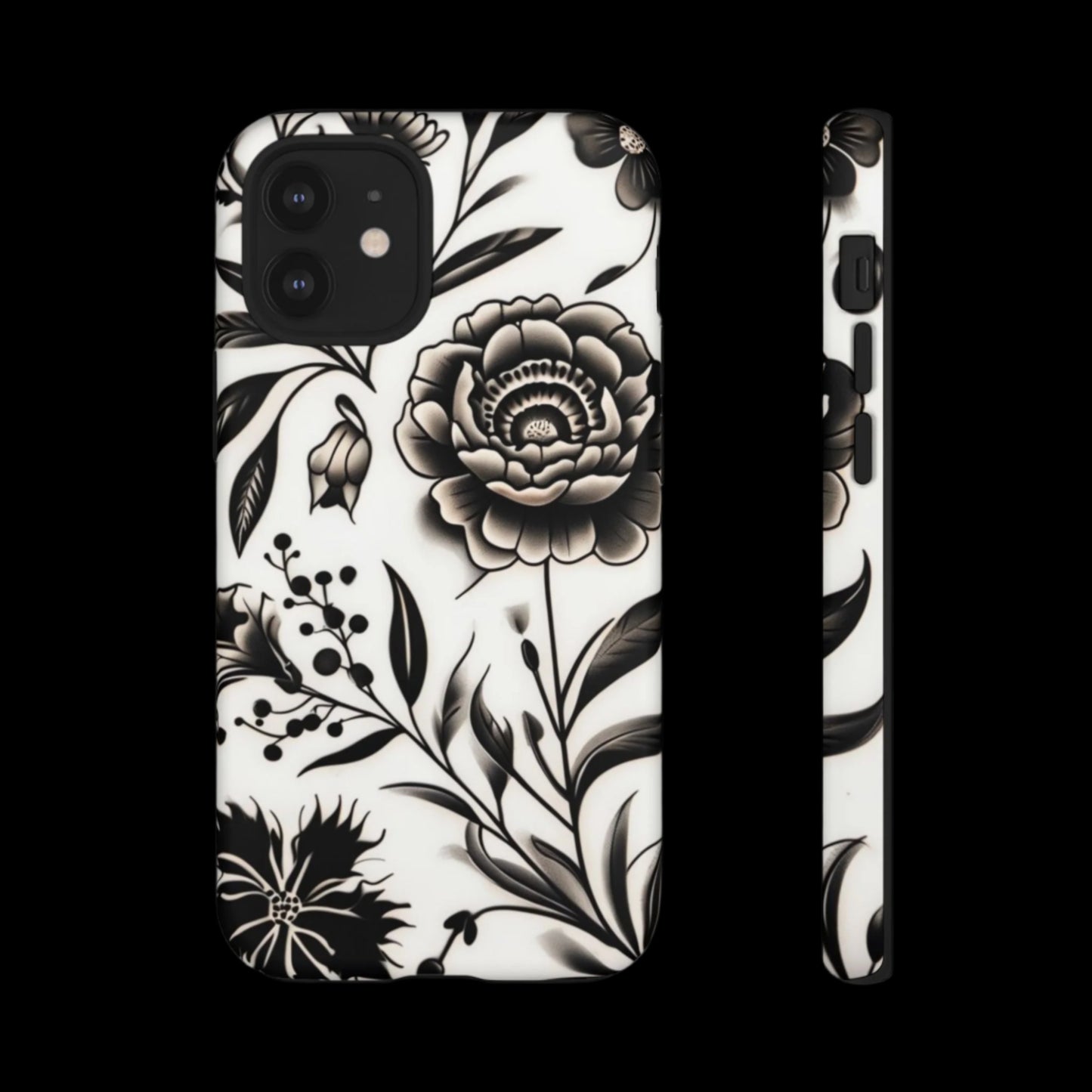 Phone Case Elegant Black and White Floral – Stylish Protection for iPhone 12/16 and Samsung 22/25
