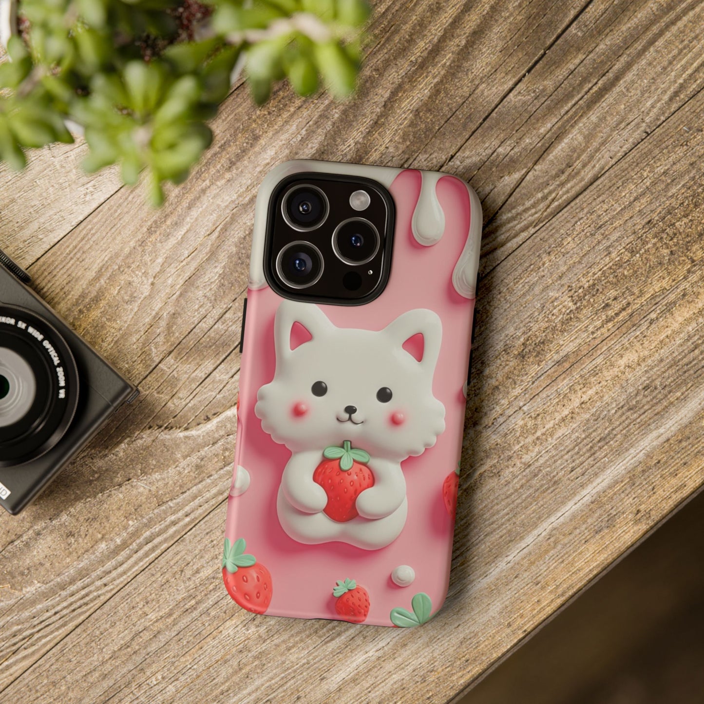 Adorable Cat Phone Case – Pink with Strawberry Design