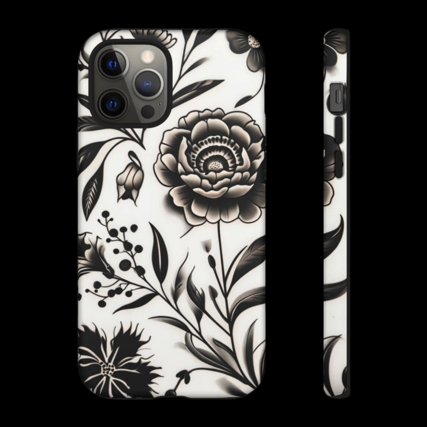 Phone Case Elegant Black and White Floral – Stylish Protection for iPhone 12/16 and Samsung 22/25