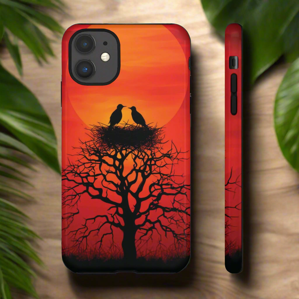 Phone Case Two Birds on a Nest - Red Sunset Background - Nature Wall Art - Romantic Bird Scene