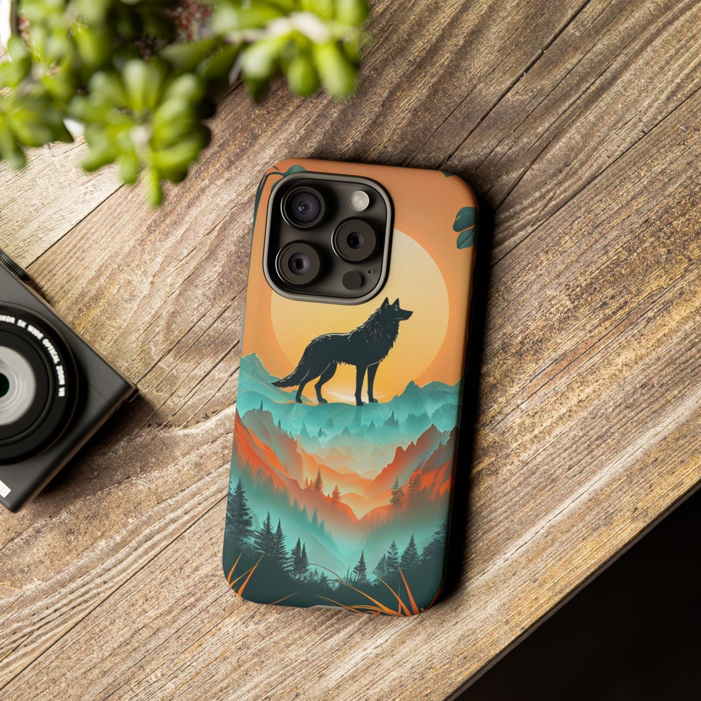 Phone Case Sunset Wolf Silhouette & Tropical Landscape – Artistic Protection