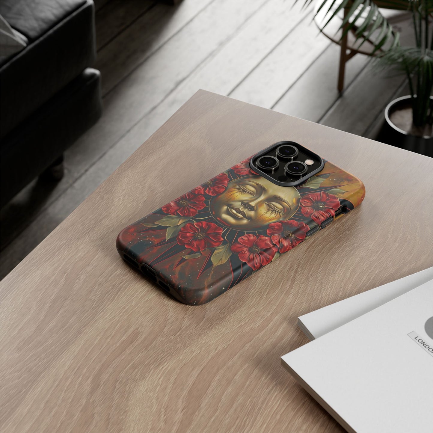 Phone Case Surreal Metallic Sun Face with Dark Red Flowers- Unique Modern Art Design