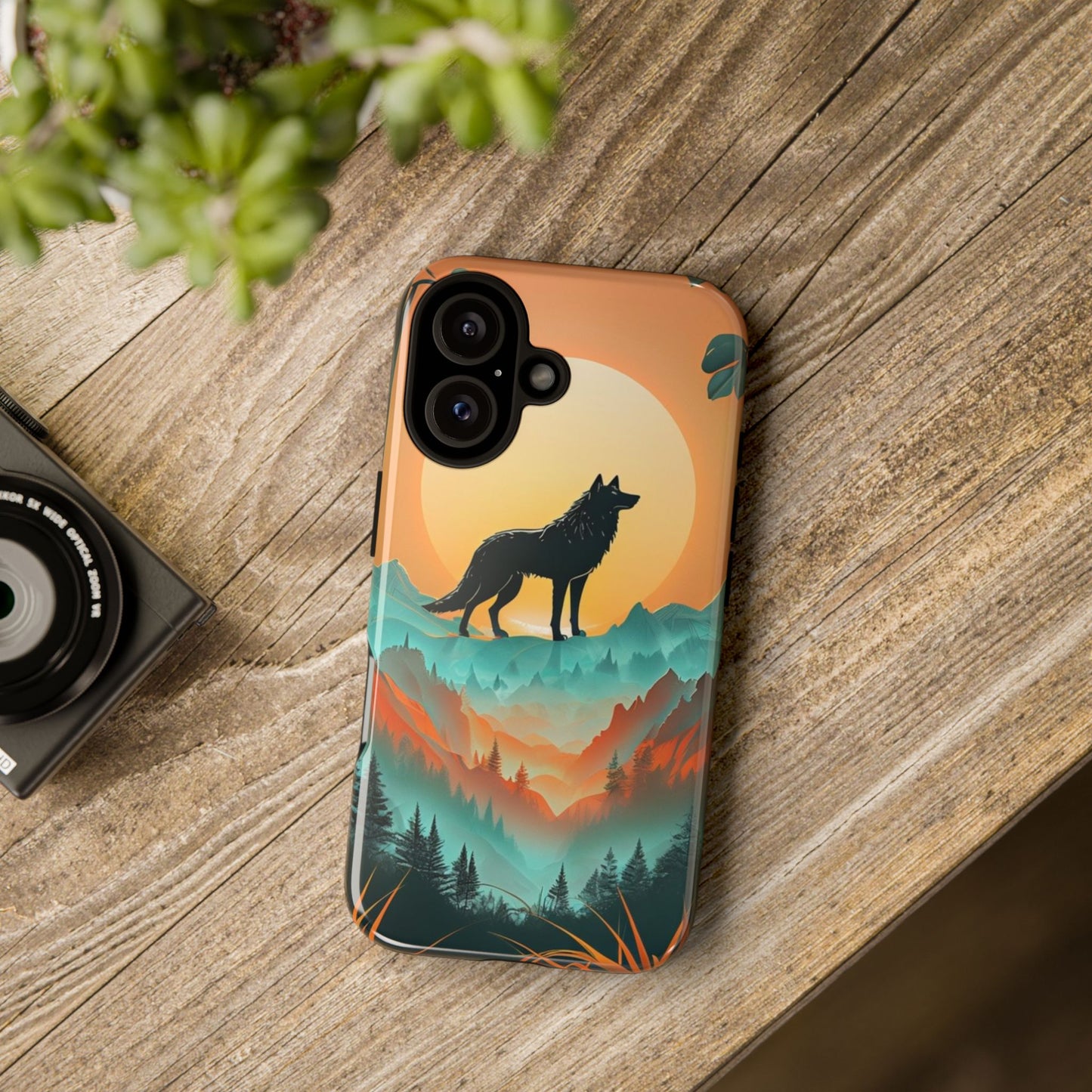 Phone Case Sunset Wolf Silhouette & Tropical Landscape – Artistic Protection