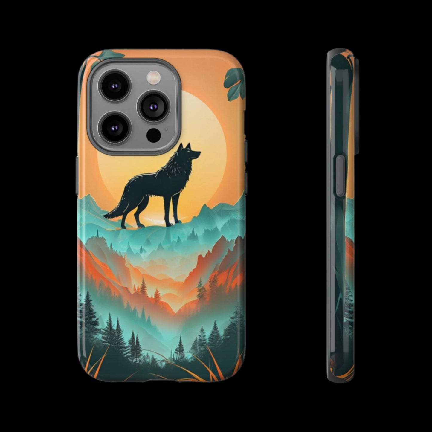 Phone Case Sunset Wolf Silhouette & Tropical Landscape – Artistic Protection
