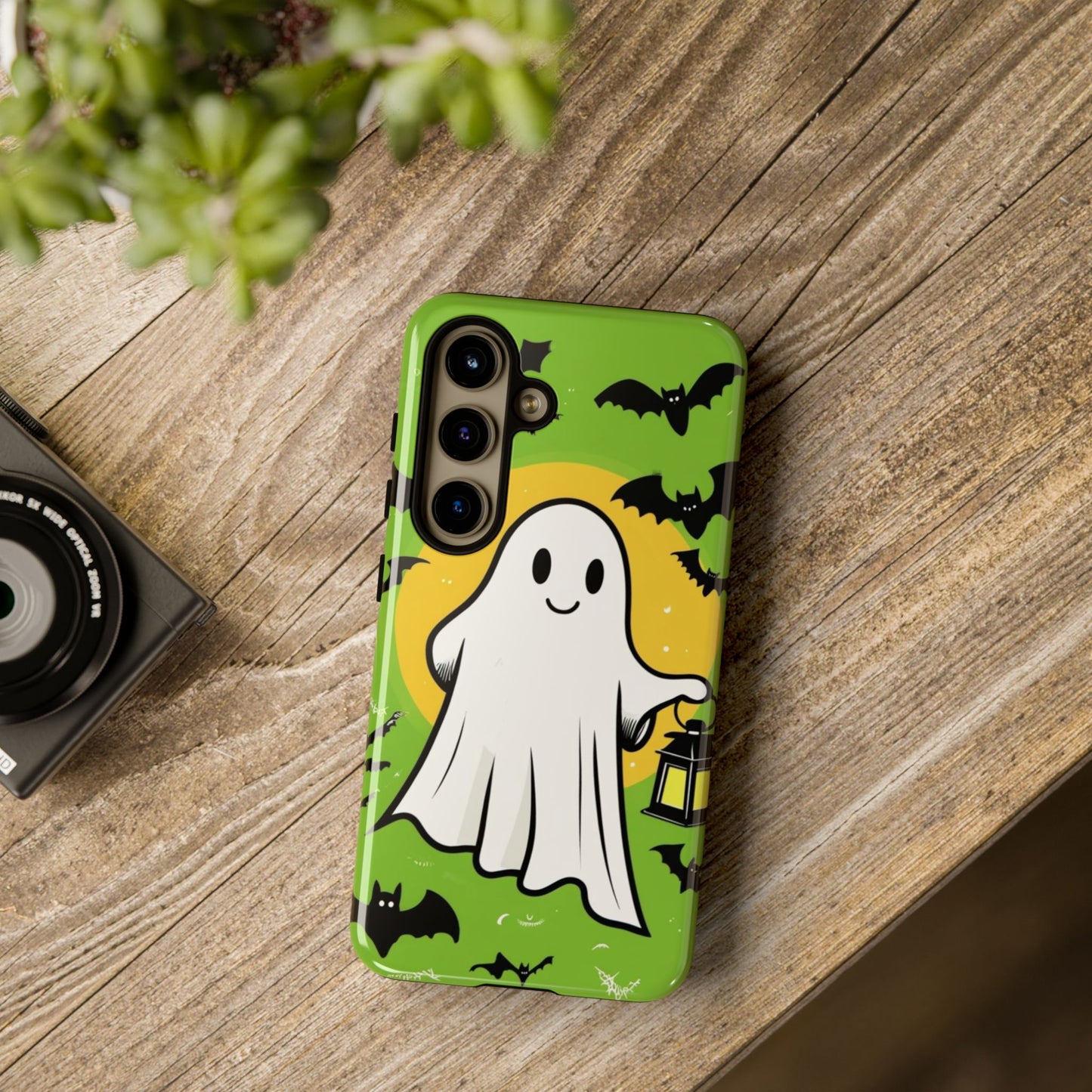 Cute Halloween Ghost Phone Case with Bats and Lantern – Perfect for Spooky Season