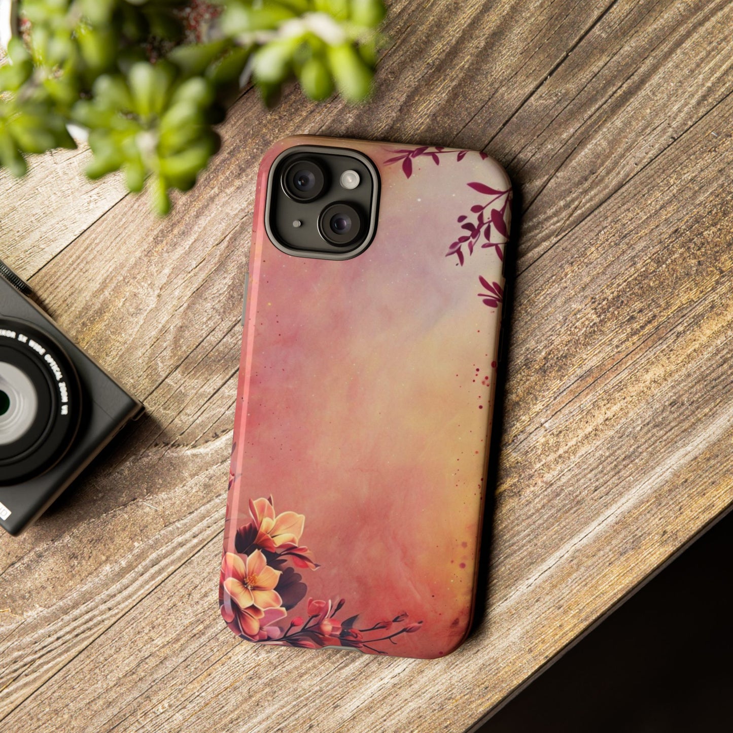 Watercolor Floral Phone Case - Pink Orange Gradient iPhone Cover - Botanical Art Protection