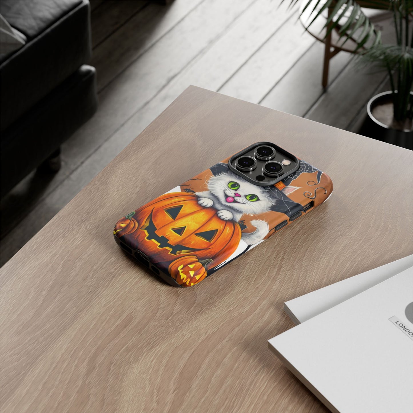Halloween Cat Phone Case – Spooky Cute Cover with Witch Hat & Pumpkin Design