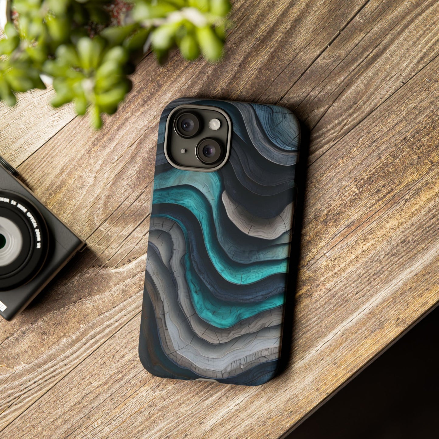 Phone Case Blue & Grey Woodgrain Wave – Artistic iPhone & Samsung Cover