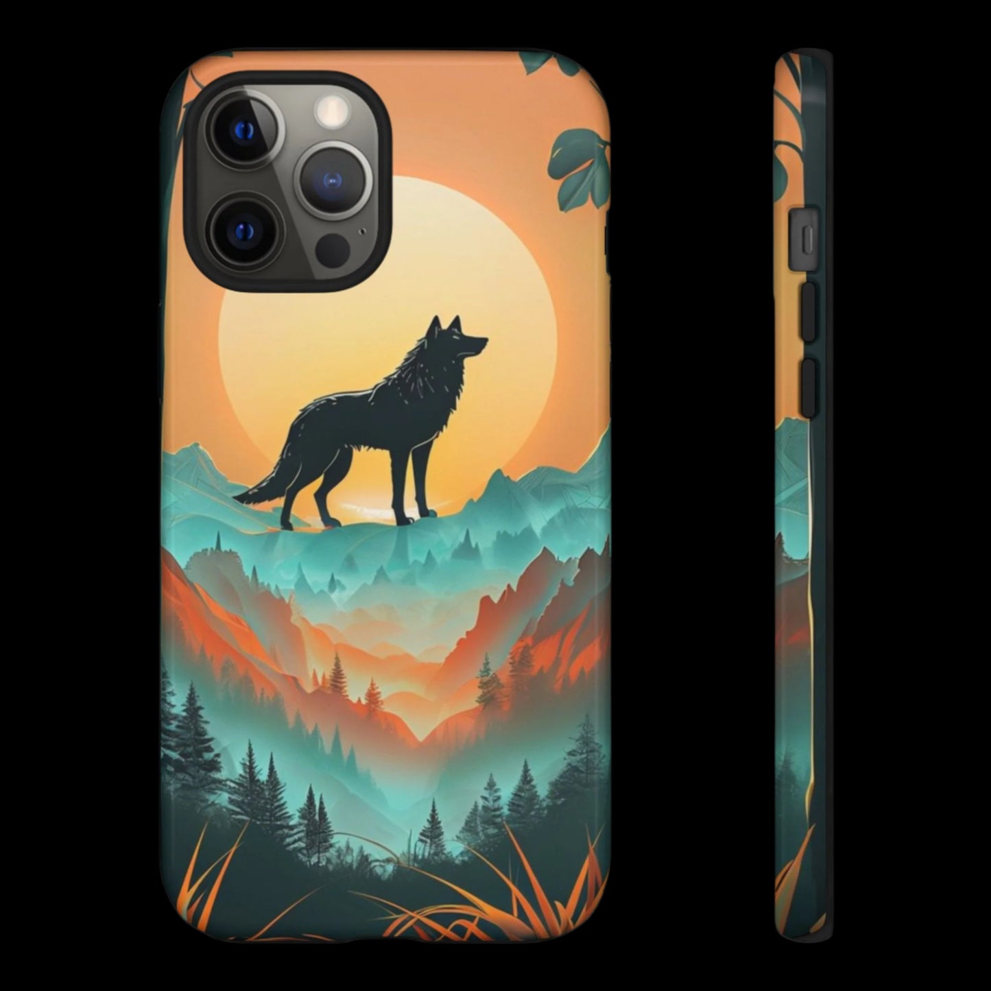 Phone Case Sunset Wolf Silhouette & Tropical Landscape – Artistic Protection