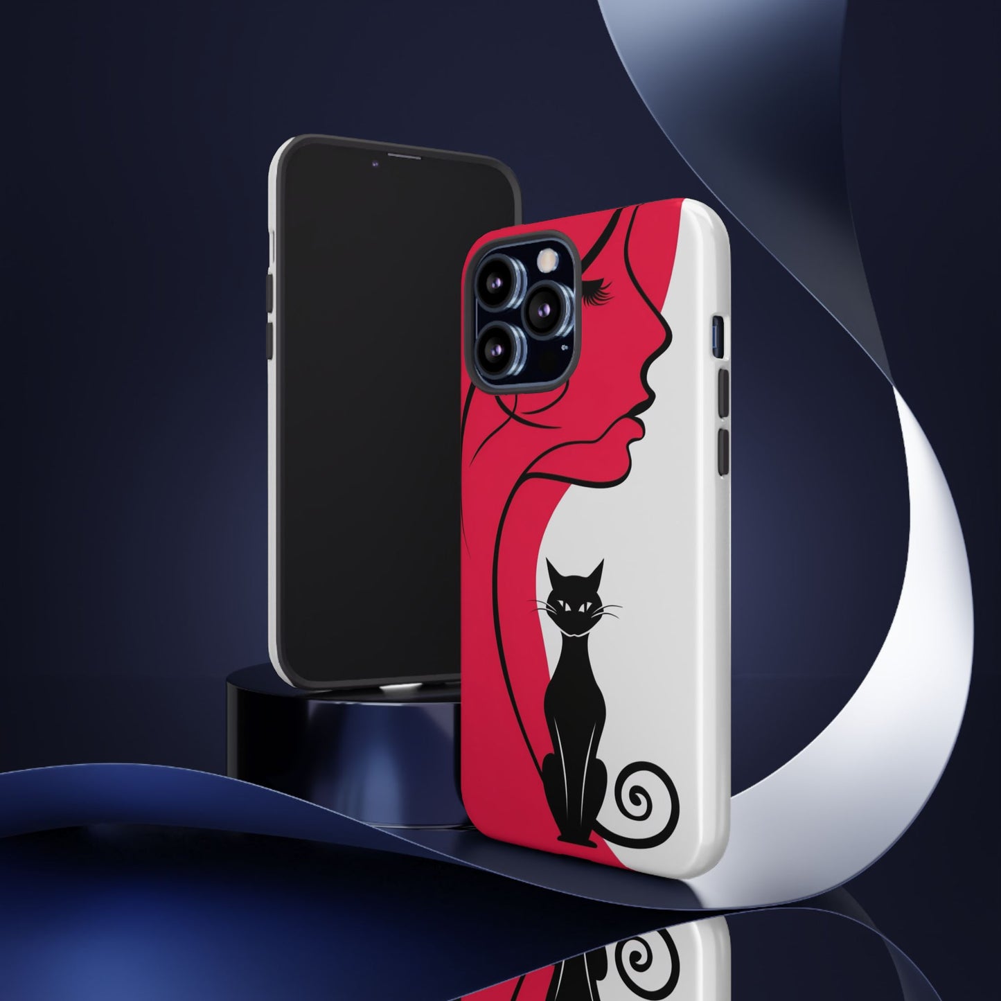 Phone Case with Artistic Woman & Black Cat Design – Stylish and Protective