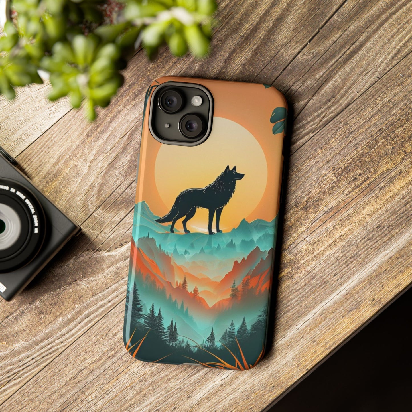 Phone Case Sunset Wolf Silhouette & Tropical Landscape – Artistic Protection