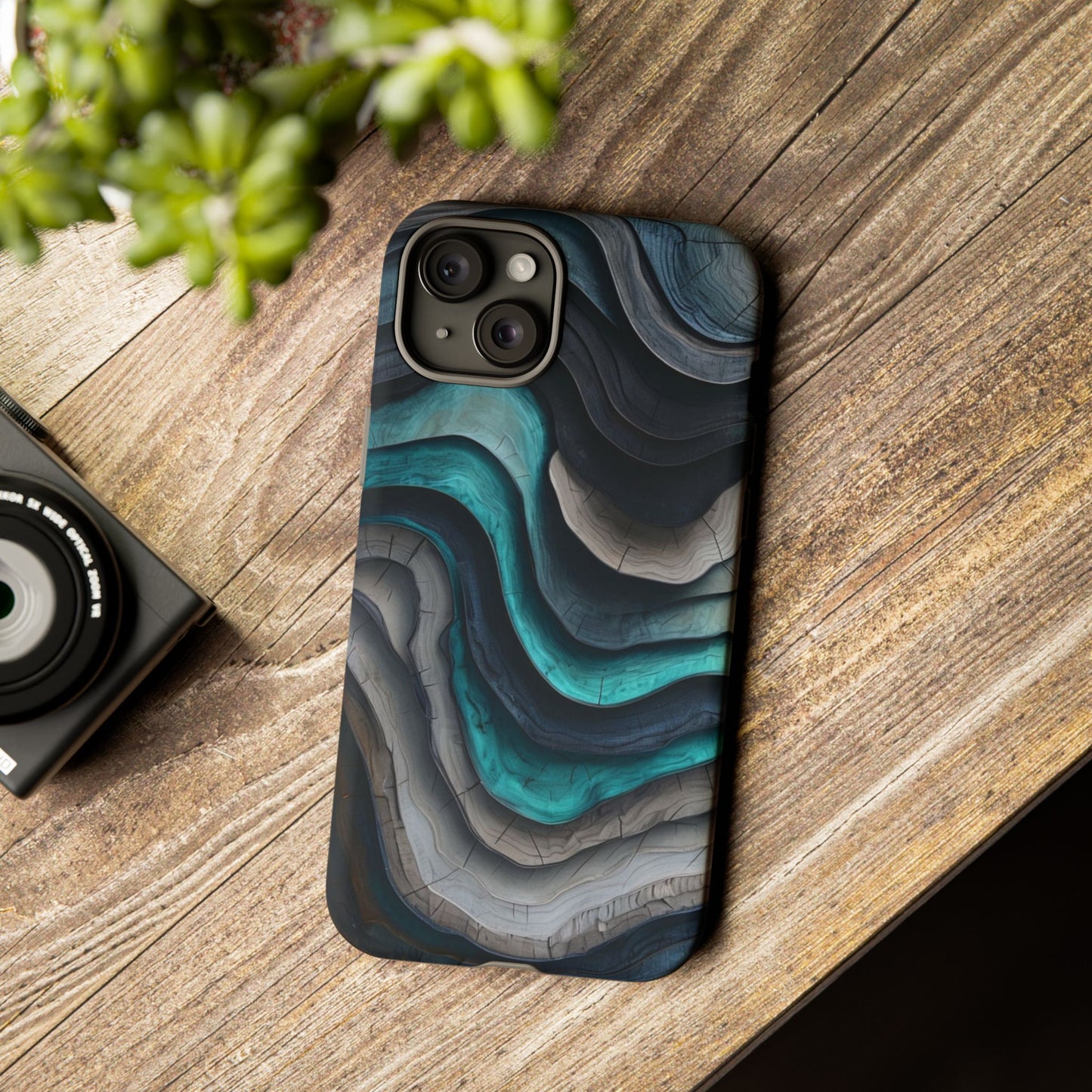 Phone Case Blue & Grey Woodgrain Wave – Artistic iPhone & Samsung Cover