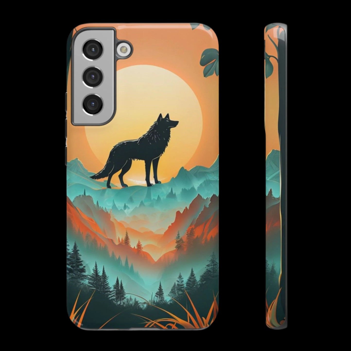 Phone Case Sunset Wolf Silhouette & Tropical Landscape – Artistic Protection