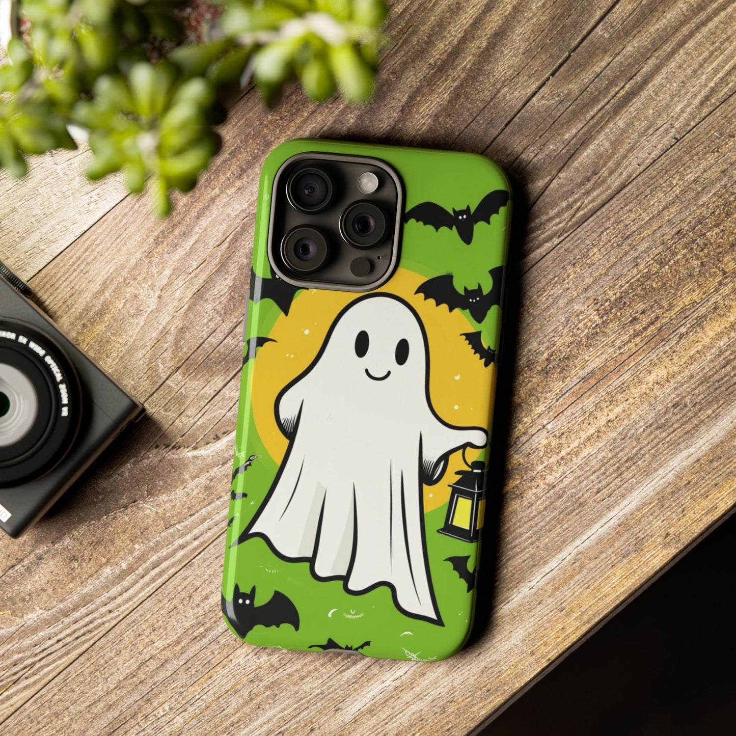 Cute Halloween Ghost Phone Case with Bats and Lantern – Perfect for Spooky Season